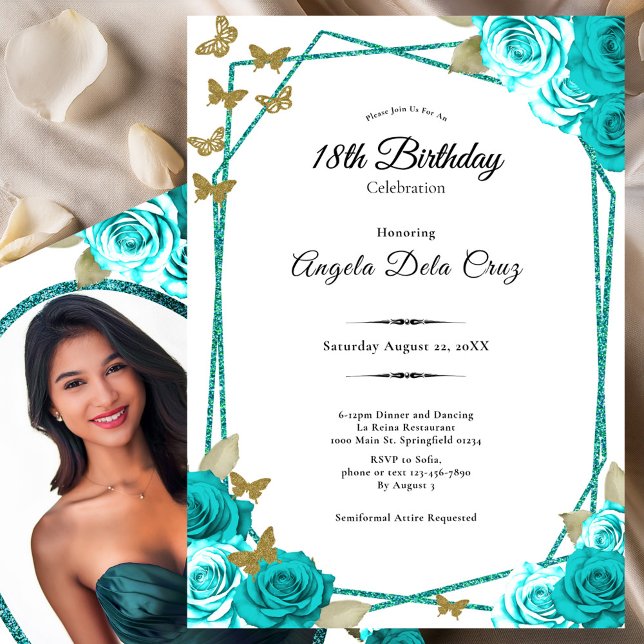Invitación Elegant Butterflies Teal Roses 18th Debut Birthday (Subido por el creador)