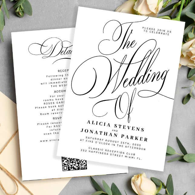 Invitación Elegant calligraphy black white all in one wedding (Subido por el creador)