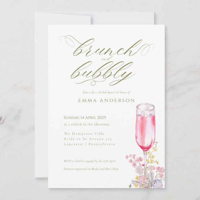 Invitación Elegant Calligraphy Brunch & Bubbly Bridal Shower (Anverso)