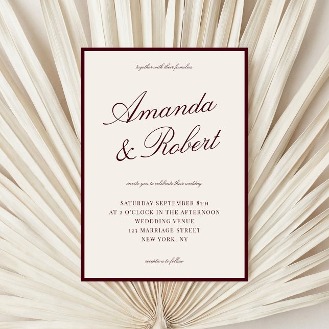 Invitación Elegant Calligraphy Burgundy Old Money Wedding (Subido por el creador)