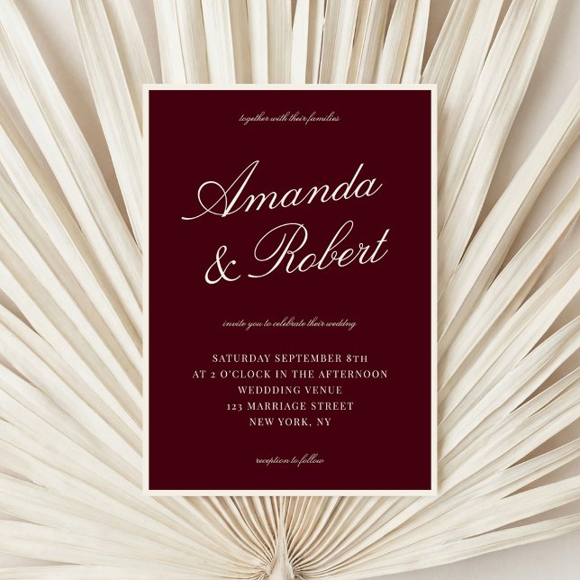 Invitación Elegant Calligraphy Burgundy Old Money Wedding (Subido por el creador)