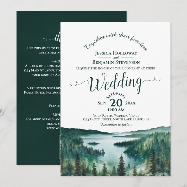 Invitación Elegant Calligraphy Lake Tahoe QR Code Wedding (Anverso / Reverso)