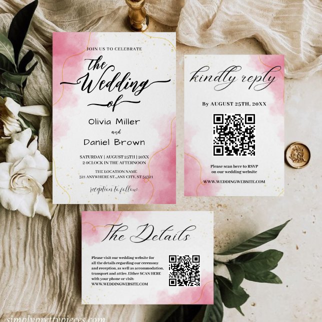 Invitación Elegant Calligraphy Modern pink Watercolor Wedding (Subido por el creador)