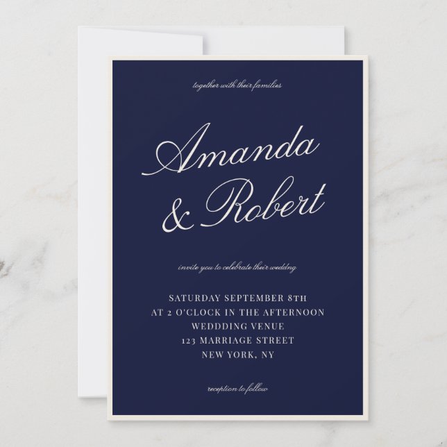 Invitación Elegant Calligraphy Navy Blue Old Money Wedding (Anverso)
