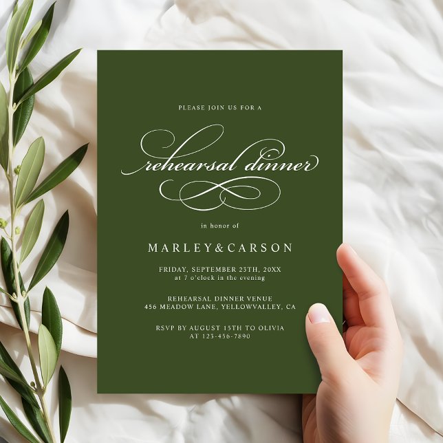 Invitación Elegant Calligraphy Olive Green Rehearsal Dinner (Subido por el creador)