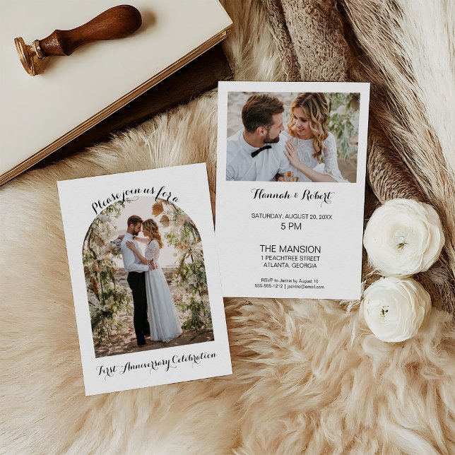 Invitación Elegant, Calligraphy Photo Arch 1st Anniversary  (Subido por el creador)