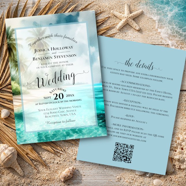 Invitación Elegant Calligraphy Tropical Beach QR Code Wedding (Front/Back)