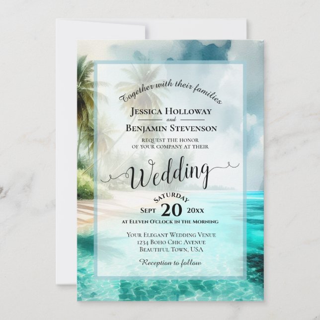 Invitación Elegant Calligraphy Tropical Beach QR Code Wedding (Anverso)