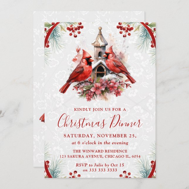 Invitación Elegant Cardinal Christmas Dinner Invitation (Anverso / Reverso)