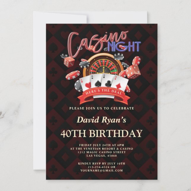 Invitación Elegant Casino Night Vegas 40th Birthday Fiesta (Anverso)