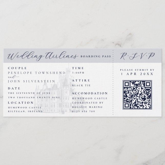 Invitación Elegant Castle Plane Ticket Destination Wedding  (Anverso)