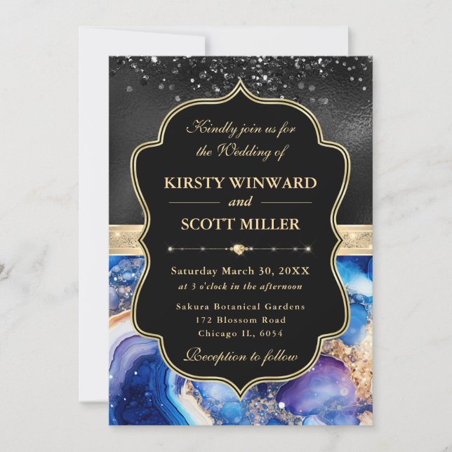 Invitación Elegant Celestial Agate Black Glitter Wedding (Anverso)