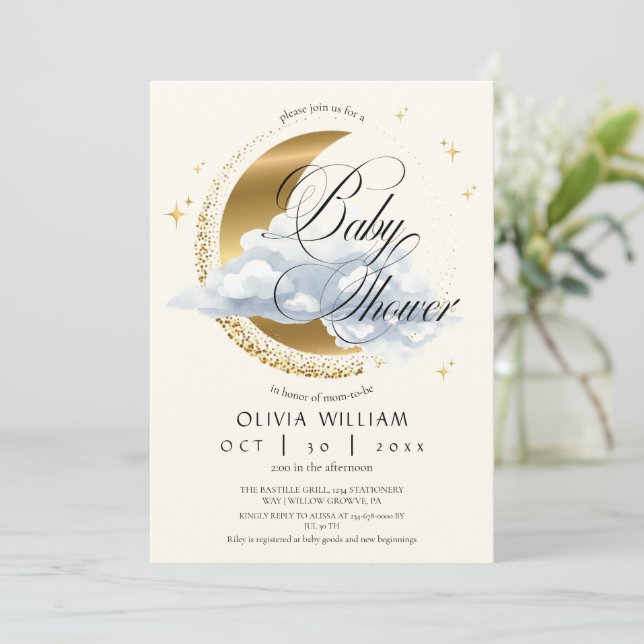 Invitación Elegant Celestial Beige Script Baby Shower  (Anverso de pie)
