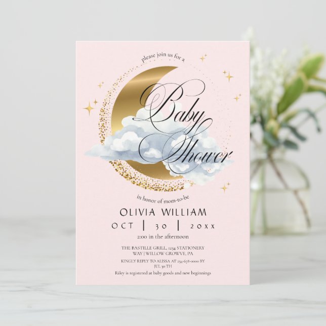 Invitación Elegant Celestial Pink Script Baby Shower  (Anverso de pie)