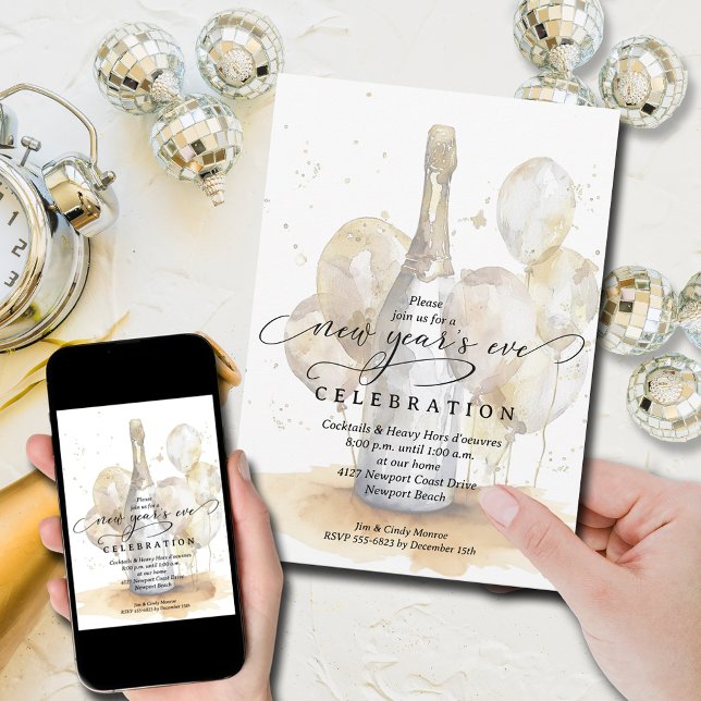 Invitación Elegant Champagne and Balloons New Year's Eve (Champagne bottle and gold balloons New Year's Eve party invitations, PRINTED and/or INSTANT DOWNLOAD)