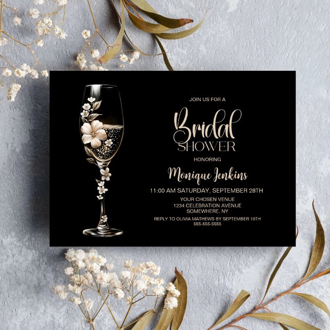 Invitación Elegant Champagne Glass Cream Floral Bridal Shower (Subido por el creador)