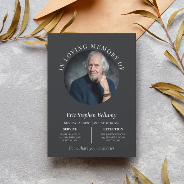 Invitación Elegant Charcoal Round Photo Memorial Funeral (Subido por el creador)