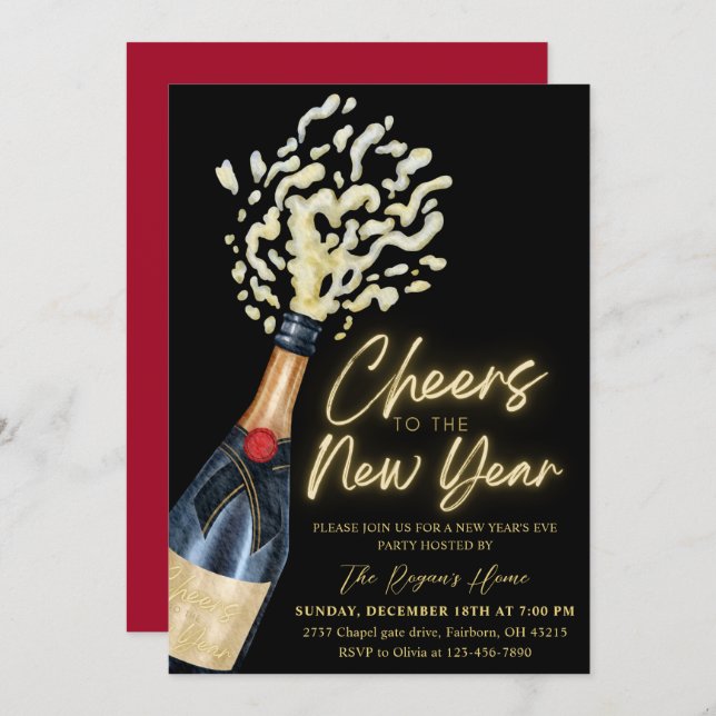Invitación Elegant Cheers The To New Year  Holiday Party (Anverso / Reverso)