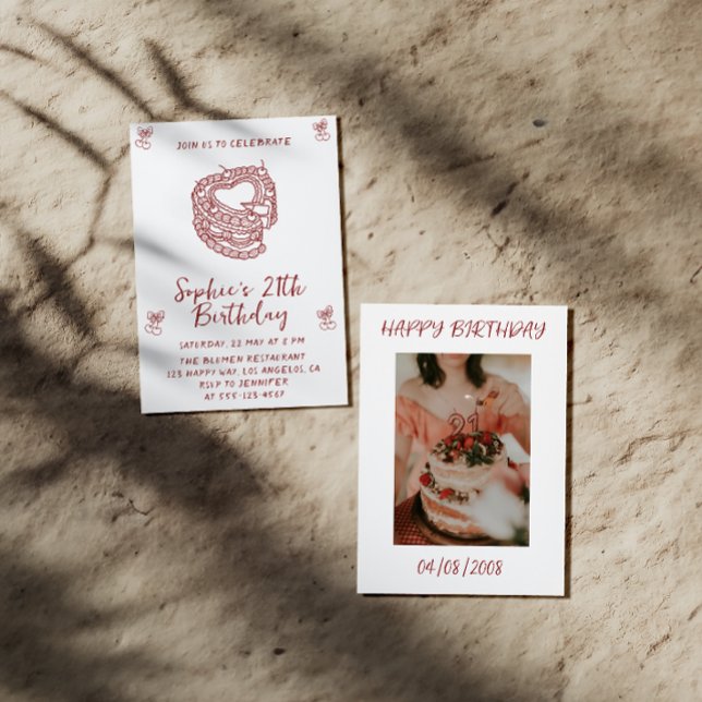 Invitación Elegant Cherry Birthday Invitation with Heart Cake (Subido por el creador)