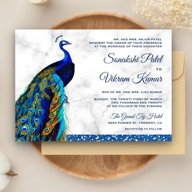 Invitación Elegant Chic Blue Glitter Peacock Indian Wedding (Subido por el creador)
