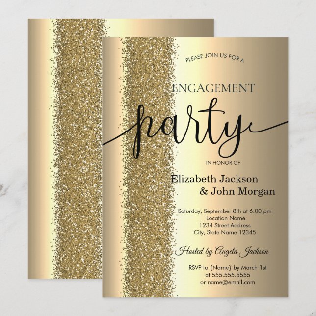 Invitación Elegant Chic Glitter Dorado Escritura Compromiso   (Anverso / Reverso)