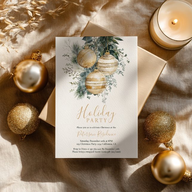 Invitación Elegant Chic Gold Baubles Greenery Christmas Party (Elegant Chic Gold Baubles Greenery Christmas Party Invitation)