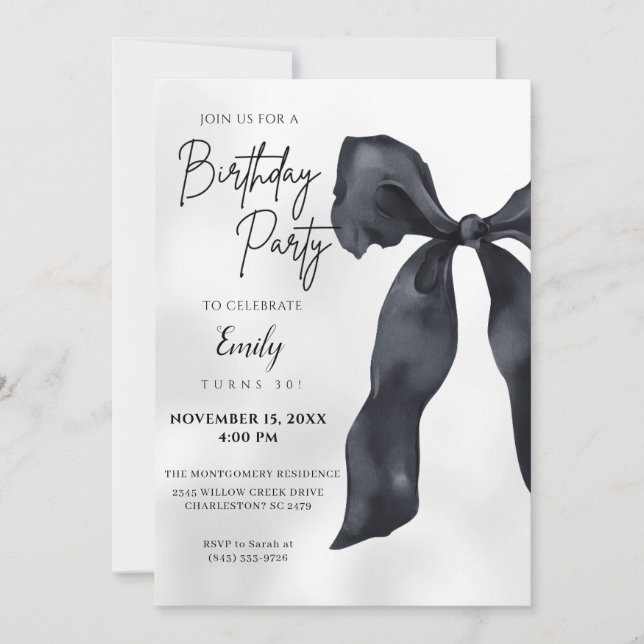 Invitación Elegant Chic Modern Black Bow Birthday Invitation (Anverso)