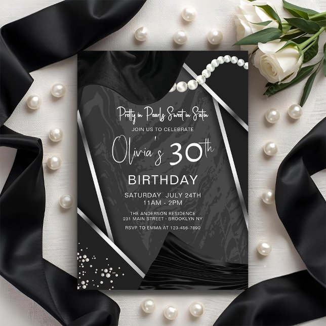 Invitación Elegant Chic Pearls & Satin Adult Birthday Party (Subido por el creador)