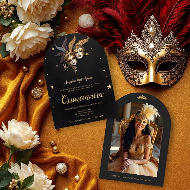 Invitación Elegant Chic Venetian Mask Quinceañera Party (Two ornate Venetian masks with gold and feather accents set against a dark background.)