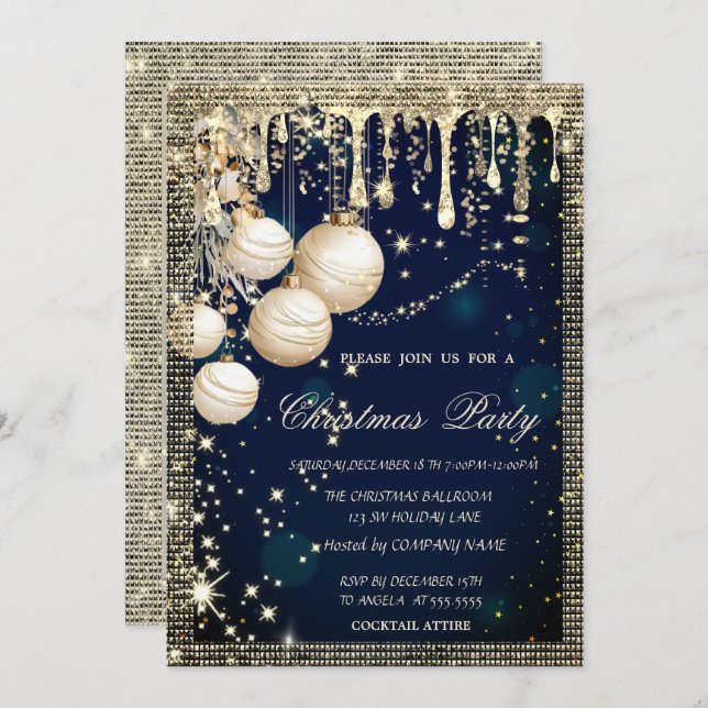 Invitación Elegant Christmas Balls Drips Gold Blue Christmas  (Anverso / Reverso)