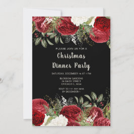 Invitación Elegant Christmas Dinner Party Red Flowers
