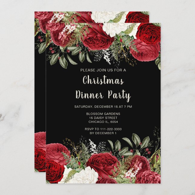 Invitación Elegant Christmas Dinner Party Red Flowers (Anverso / Reverso)