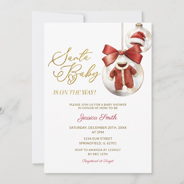 Invitación Elegant Christmas Ornaments Gold Santa Baby Shower (Anverso)