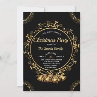 Invitación Elegant CHRISTMAS PARTY Black and Gold bells