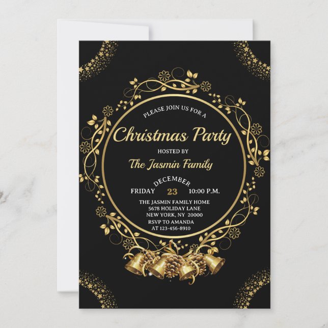 Invitación Elegant CHRISTMAS PARTY Black and Gold bells (Anverso)