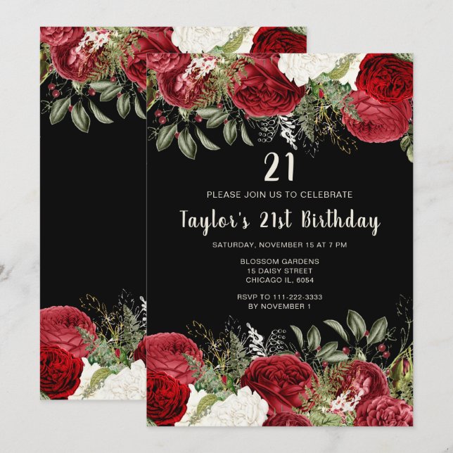 Invitación Elegant Christmas Red Flowers Birthday Party (Anverso / Reverso)