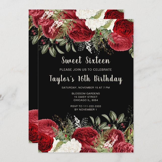 Invitación Elegant Christmas Red Flowers Sweet Sixteen (Anverso / Reverso)