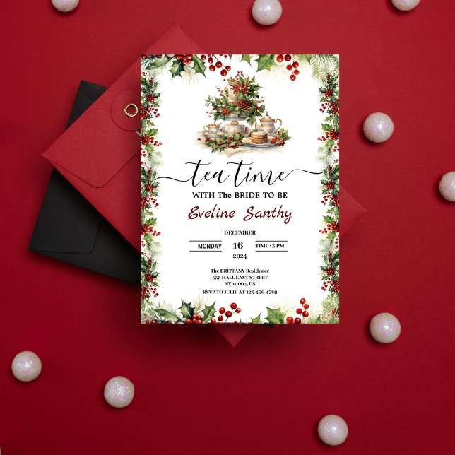 Invitación Elegant Christmas Tea Party Floral Bridal Shower (Elegant Christmas Tea time Party Floral Bridal Shower Invitation)