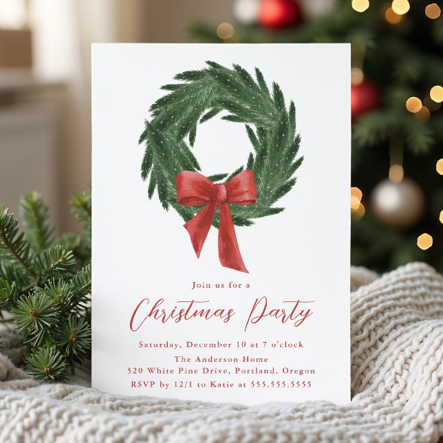 Invitación Elegant Christmas Wreath Red Bow Holiday Party (Subido por el creador)