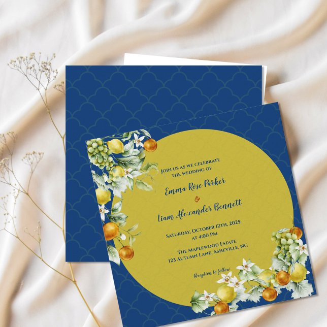 Invitación Elegant Citrus Blue Gold Floral Wedding (Elegant Citrus Blue Gold Floral Wedding Invitation)