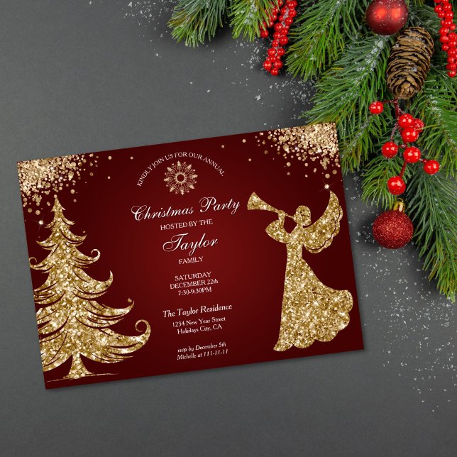 Invitación Elegant Classic Angel Christmas Dinner Party (gold glitter trumpet angel Christmas party invitation with red background)