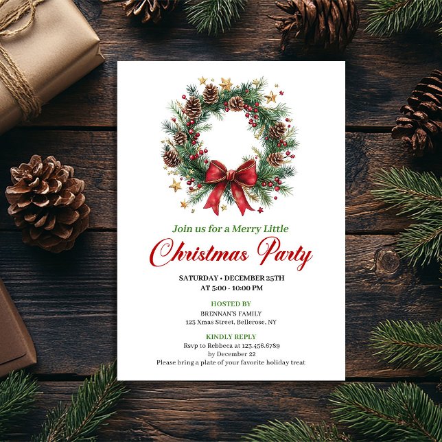 Invitación Elegant Classic Christmas Wreath Party Card (Elegant Classic Christmas Wreath Party Card)