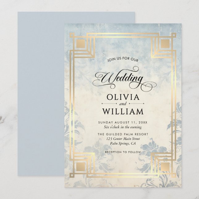 Invitación Elegant Classic Dusty Blue Wedding (Anverso / Reverso)