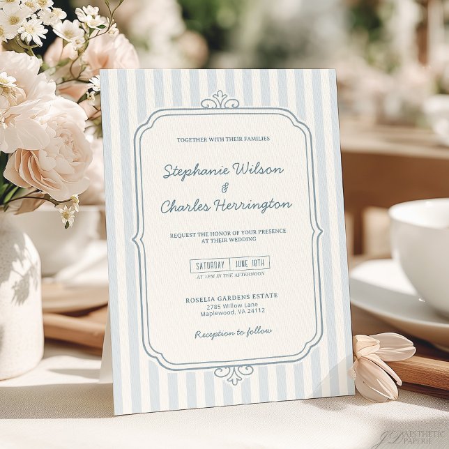 Invitación Elegant Classic Light Blue Beige Striped Wedding (Subido por el creador)