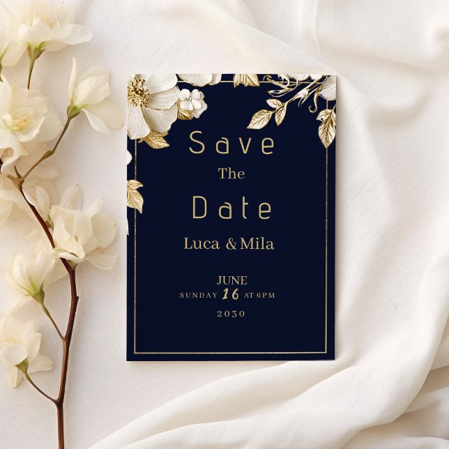 Invitación Elegant classic navy blue gold flora Save the Date (Elegant classic navy blue gold flora Save the Date )