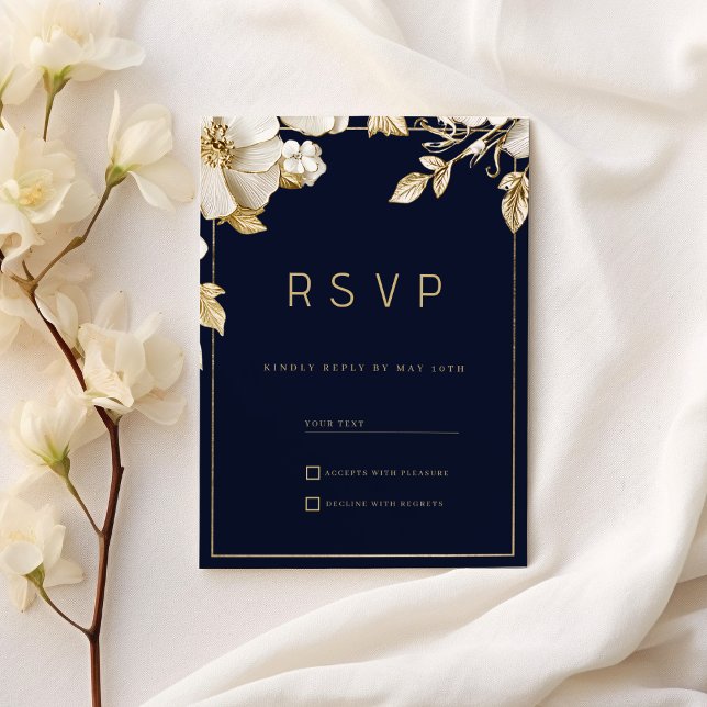 Invitación Elegant classic navy blue gold floral RSVP (Elegant classic navy blue gold floral RSVP)