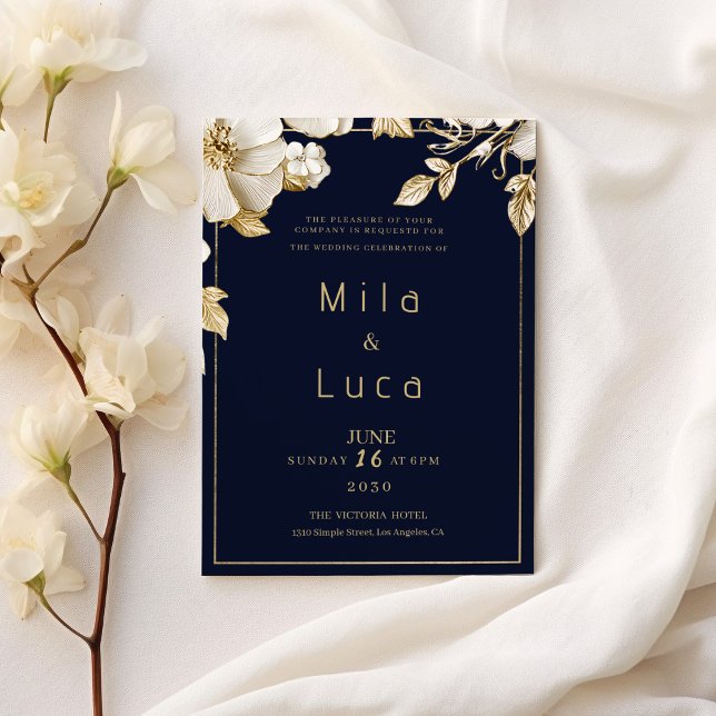 Invitación Elegant classic navy blue gold floral Wedding (Elegant classic navy blue gold floral Wedding )