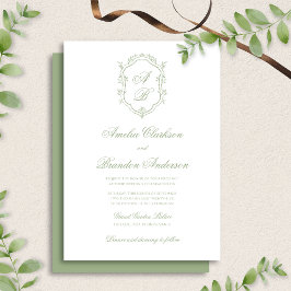 Invitación Elegant Classic Sage Green Monogram Crest Wedding