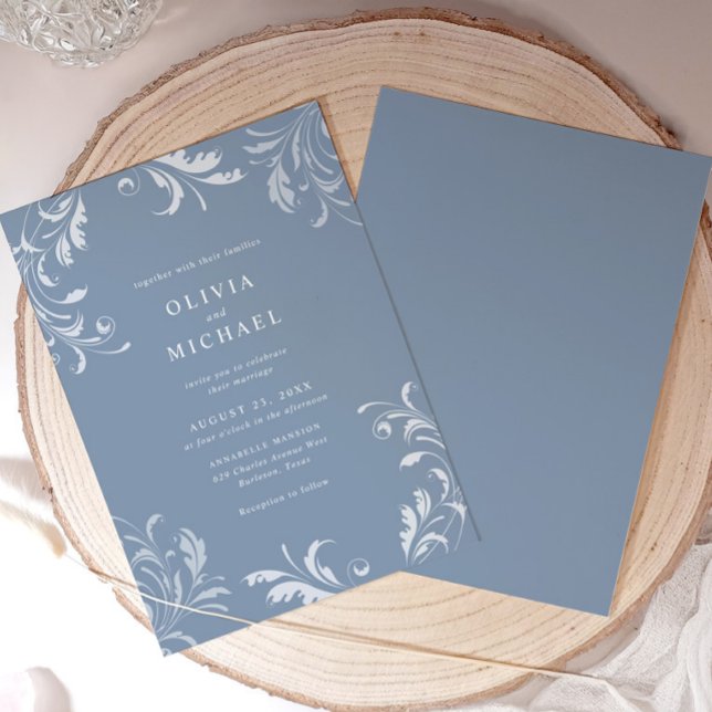 Invitación Elegant Classic Vintage Dusty Blue Wedding (Elegant dusty blue vintage wedding invitation with formal typography and classic swirl design)