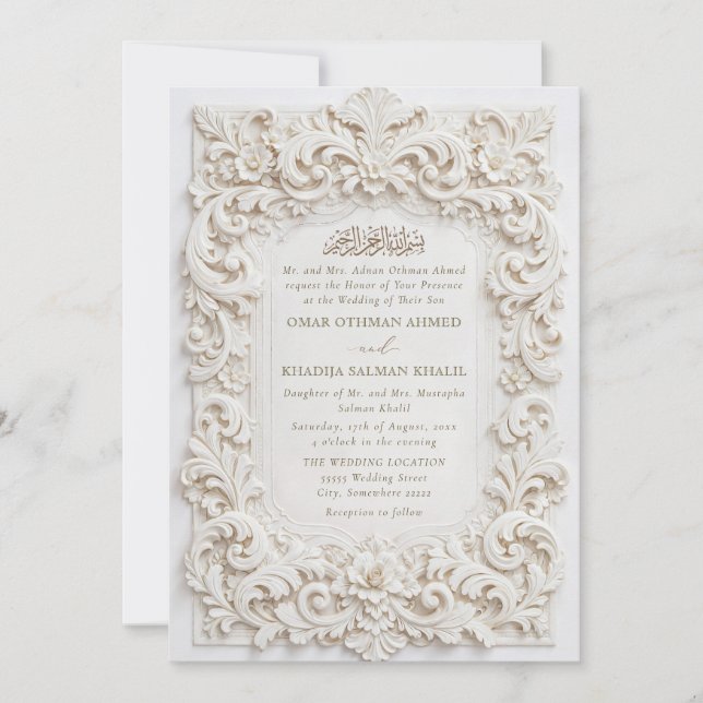 Invitación Elegant Classy White Baroque Frame Islamic Wedding (Anverso)
